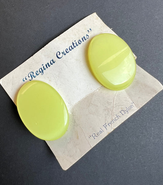 Big Glwing Yellow "Real French Nylon" Vintage Mid Century Clip On Earrings