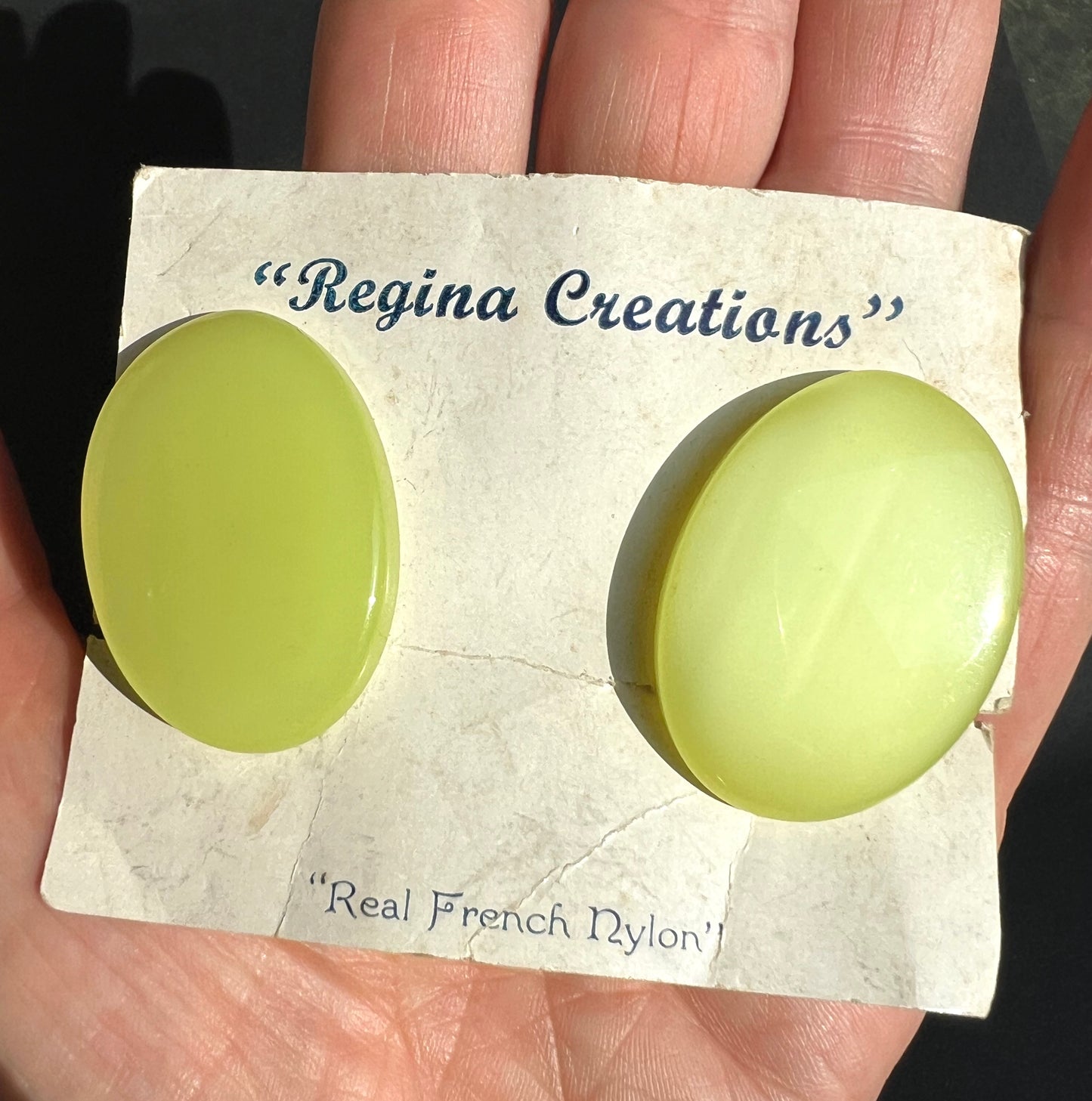 Big Glwing Yellow "Real French Nylon" Vintage Mid Century Clip On Earrings