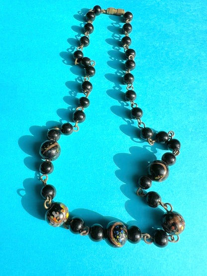 1920s Venetian Black Glass  Bead Necklace - 18"/44cm