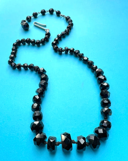 Interesting Faceted 1920s Austrian Jet Black Graduated Glass Necklace - 18"/45cm