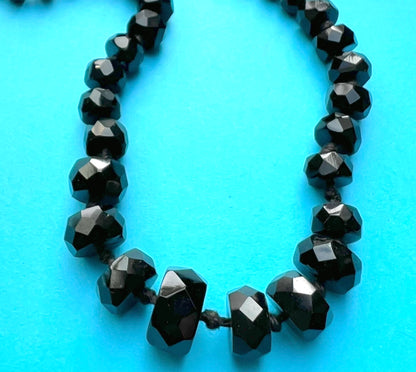 Interesting Faceted 1920s Austrian Jet Black Graduated Glass Necklace - 18"/45cm