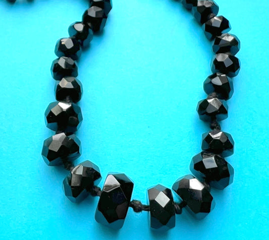 Interesting Faceted 1920s Austrian Jet Black Graduated Glass Necklace - 18"/45cm