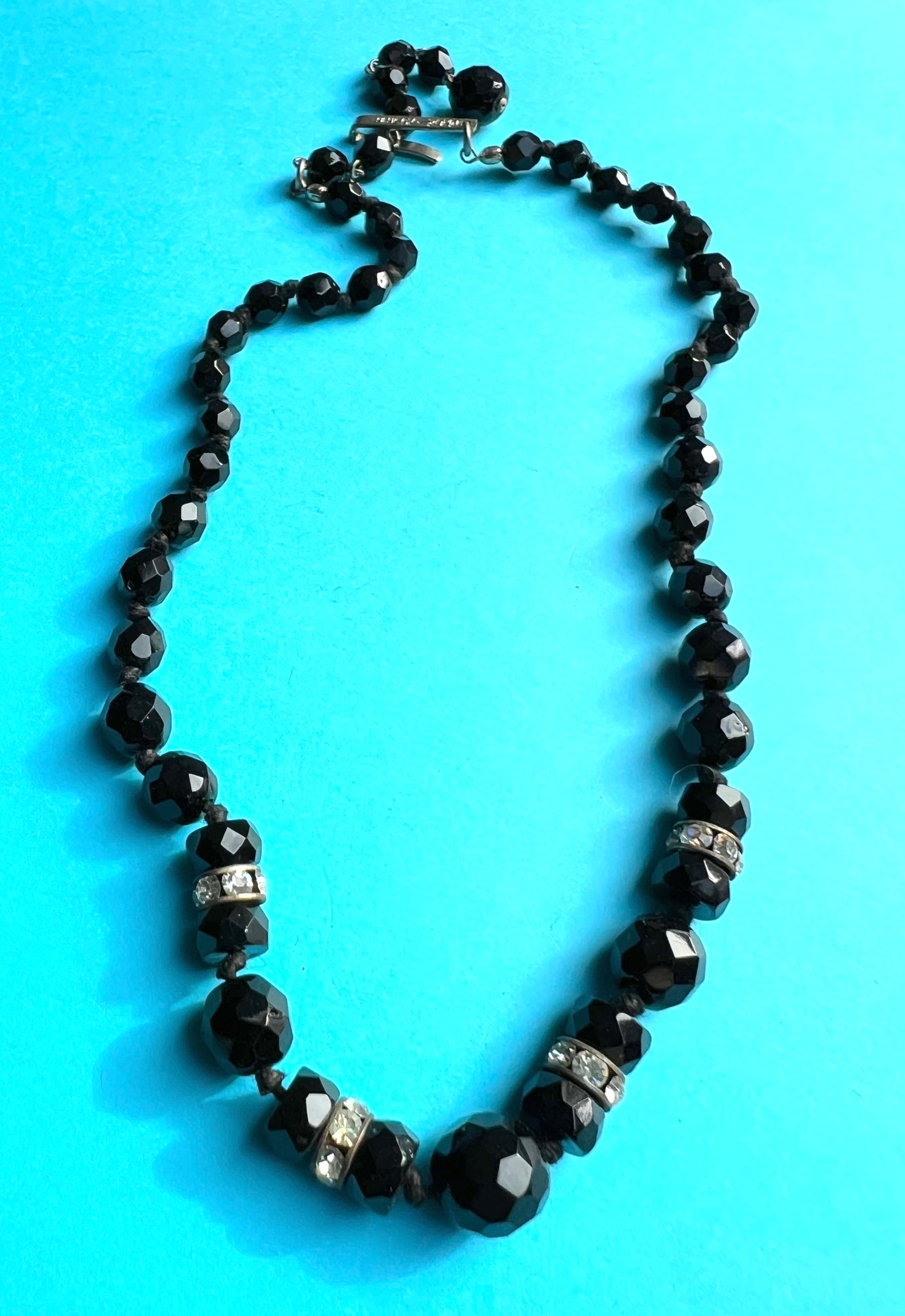 Austrian 1920s Jet Black Faceted Glass Bead and Crystal Necklace - Adjustable - max. 18"/44cm