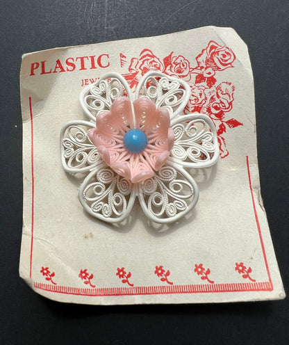 Vintage 1950s Big Pink and White Filigree Flower Brooch