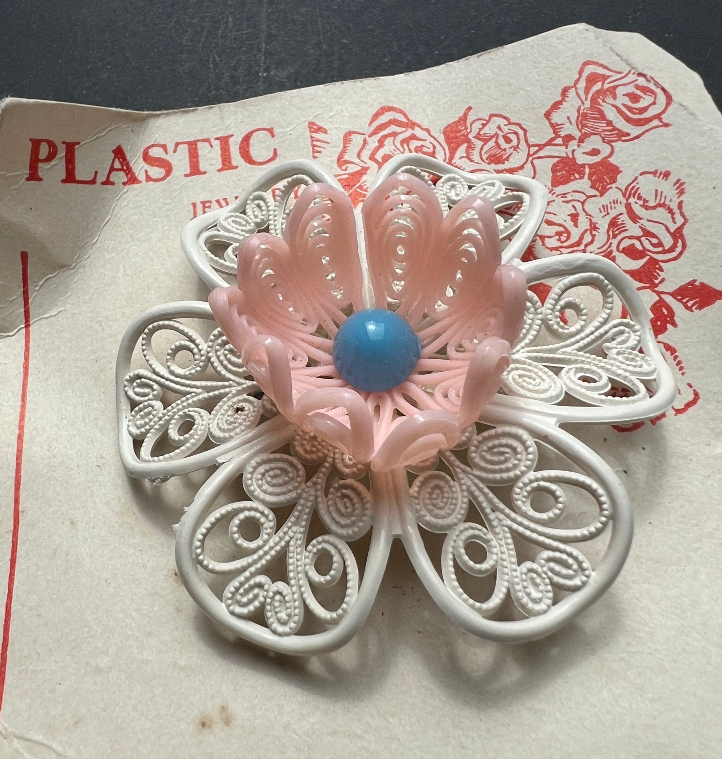 Vintage 1950s Big Pink and White Filigree Flower Brooch