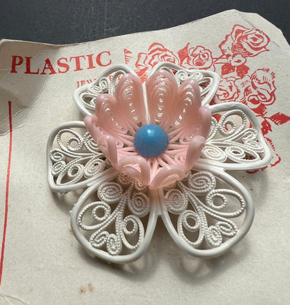 Vintage 1950s Big Pink and White Filigree Flower Brooch