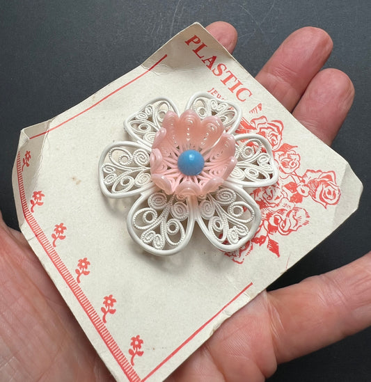 Vintage 1950s Big Pink and White Filigree Flower Brooch