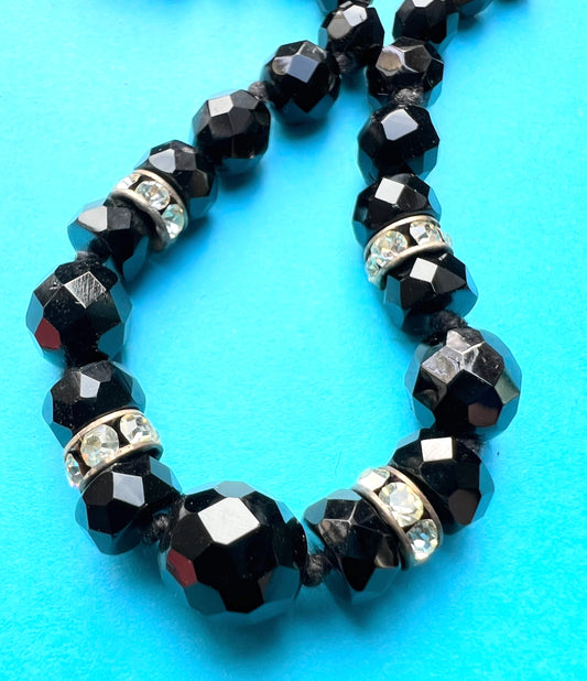 Austrian 1920s Jet Black Faceted Glass Bead and Crystal Necklace - Adjustable - max. 18"/44cm