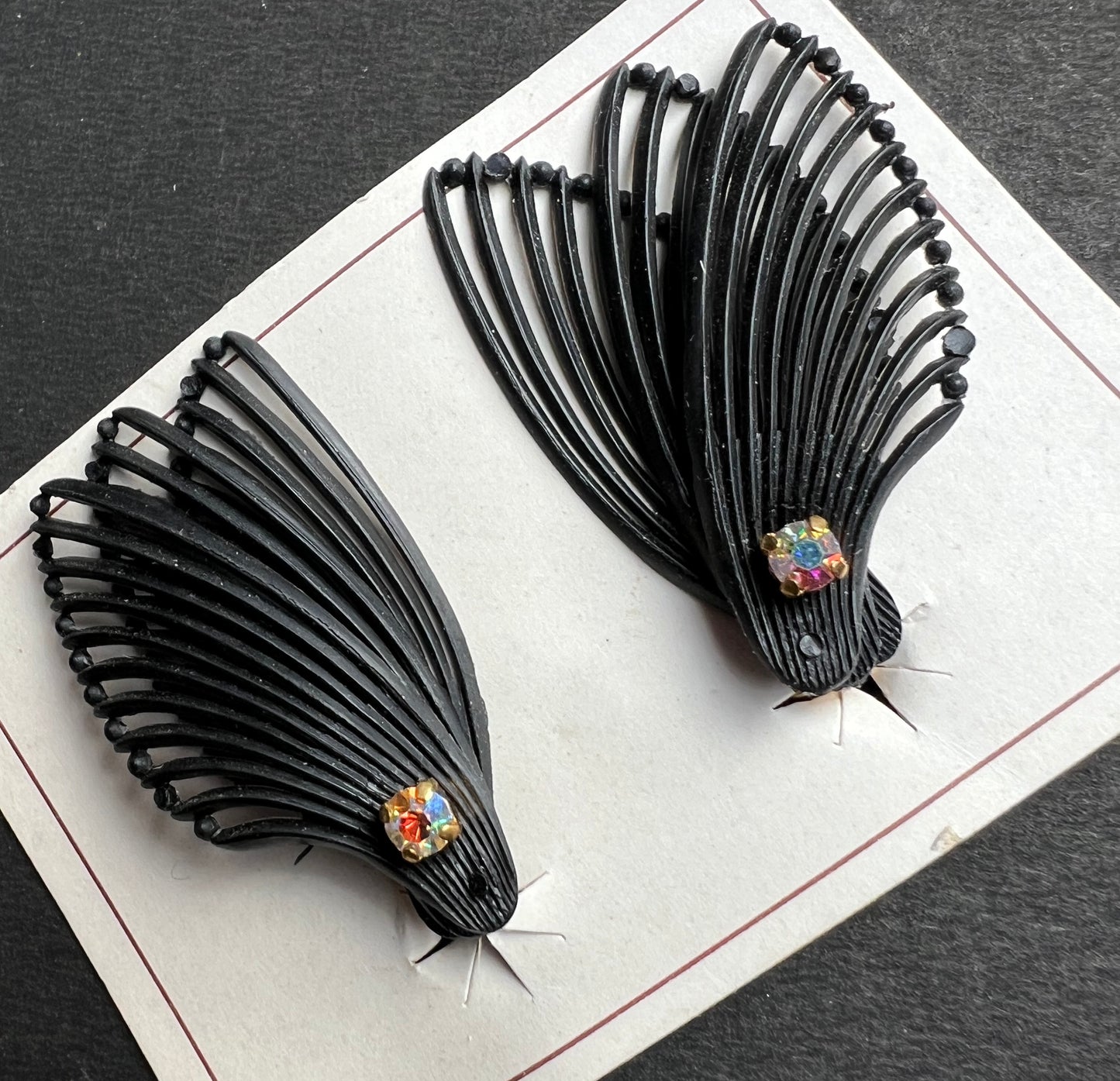Triple Wing & Diamante Vintage 1950s Black Clip-on Earrings