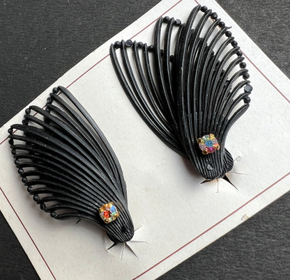 Triple Wing & Diamante Vintage 1950s Black Clip-on Earrings