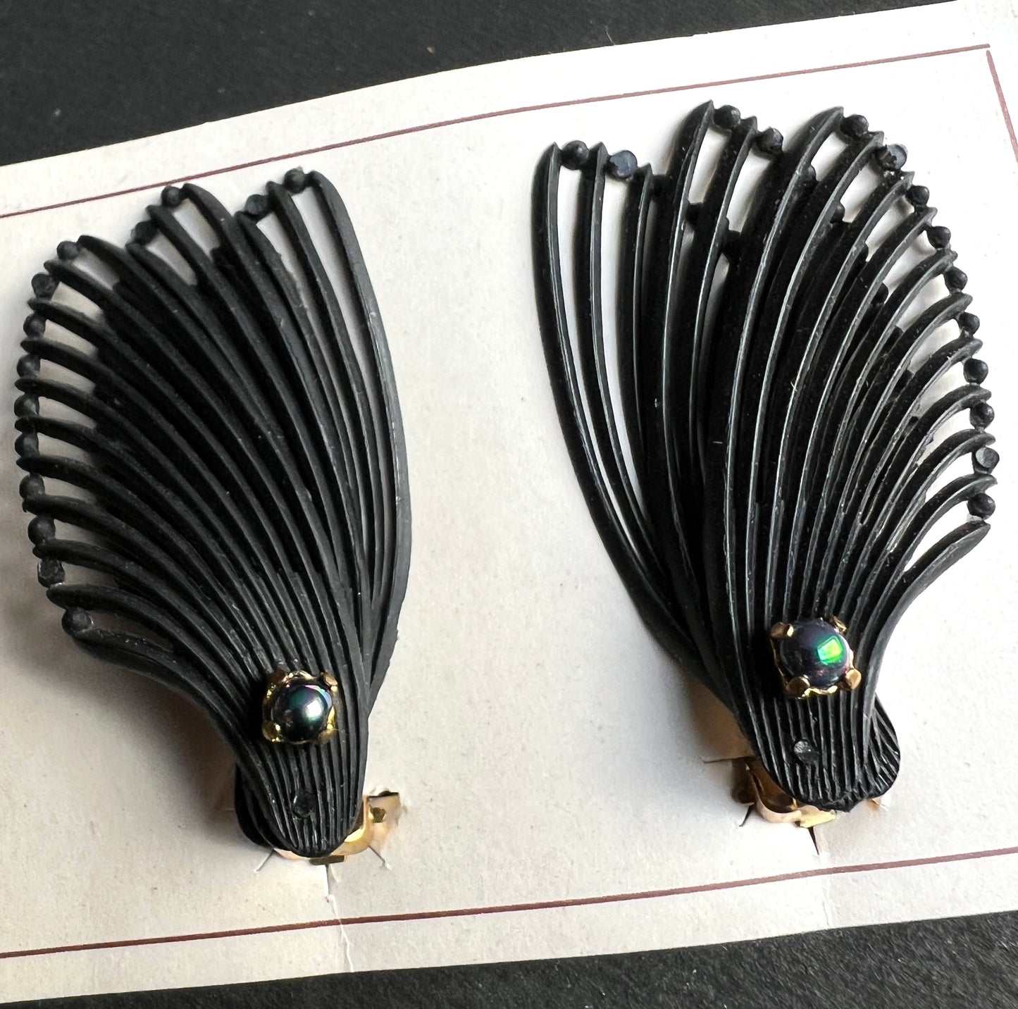 Triple Wing & Iridescent Green Blue Bead Vintage 1950s Black Clip-on Earrings