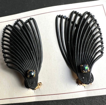 Triple Wing & Iridescent Green Blue Bead Vintage 1950s Black Clip-on Earrings