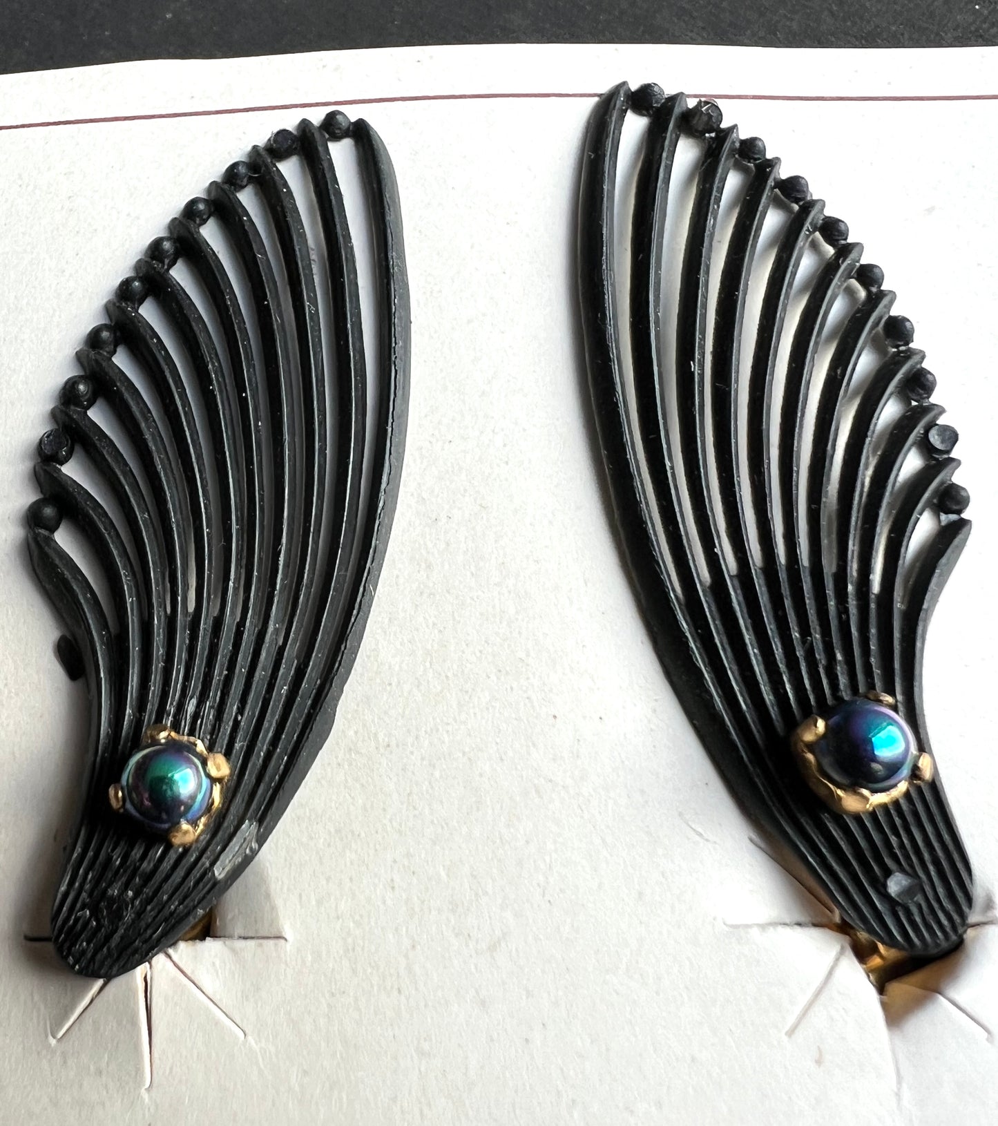 Black Wing with Iridescent Blue Green Beads Vintage Clip on Earrings