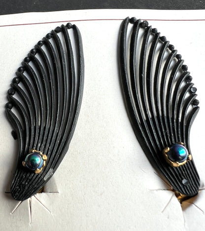 Black Wing with Iridescent Blue Green Beads Vintage Clip on Earrings