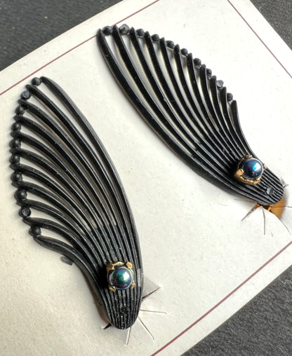 Black Wing with Iridescent Blue Green Beads Vintage Clip on Earrings