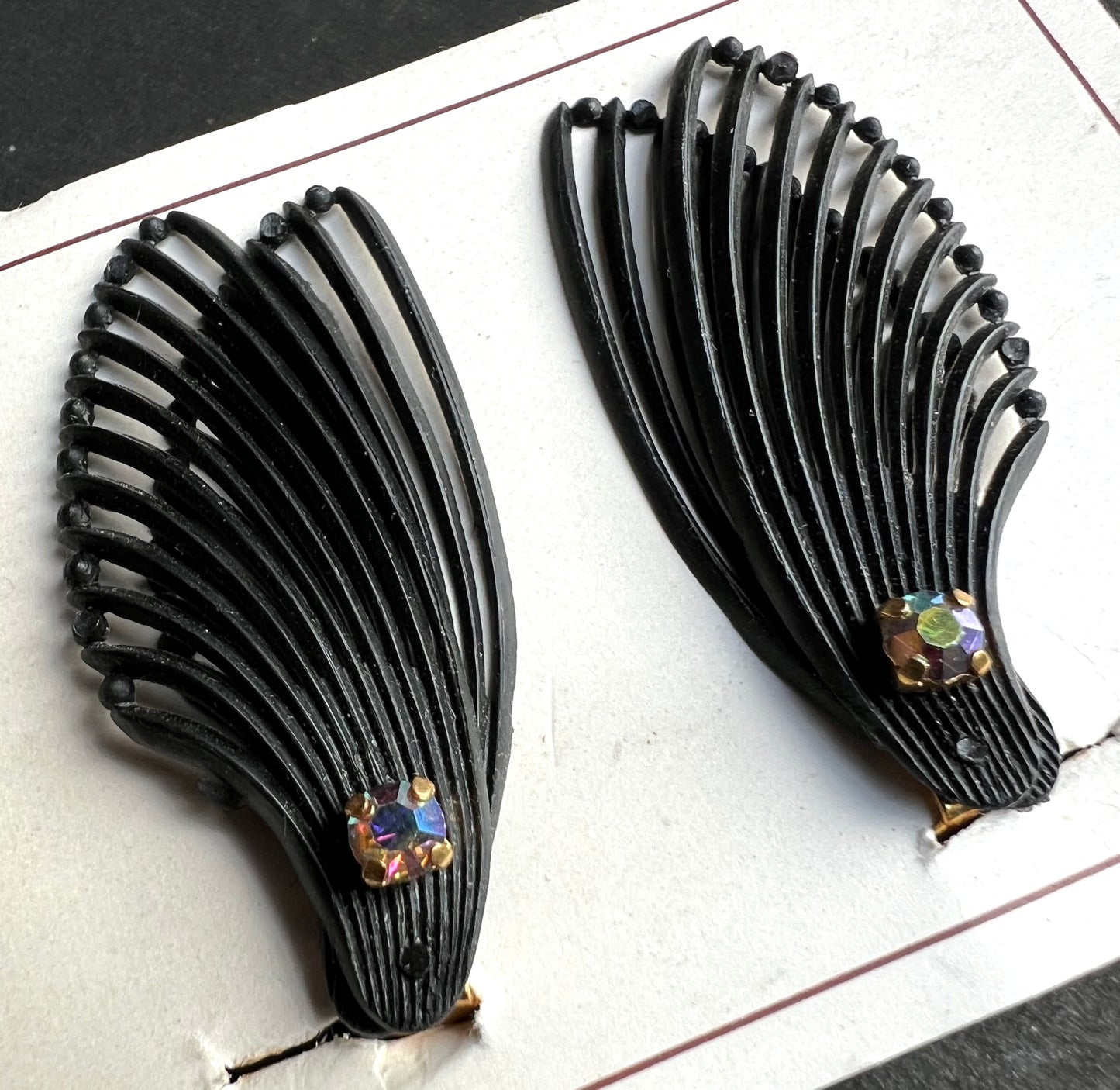 Diamante & Double Wing Vintage Black Clip-on Earrings