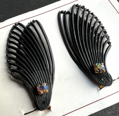 Diamante & Double Wing Vintage Black Clip-on Earrings