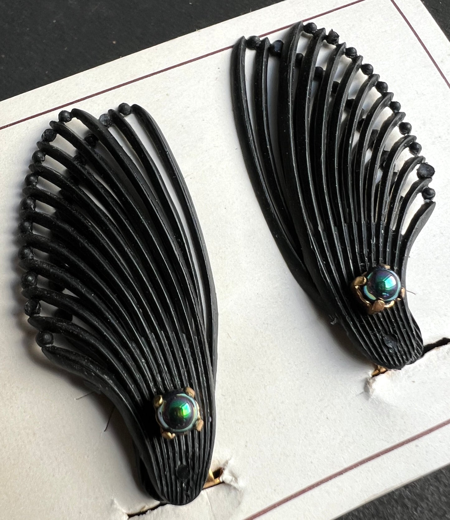 Iridescent Bead  & Double Wing Black Vintage Clip-on Earrings