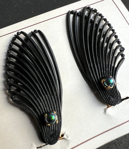 Iridescent Bead  & Double Wing Black Vintage Clip-on Earrings