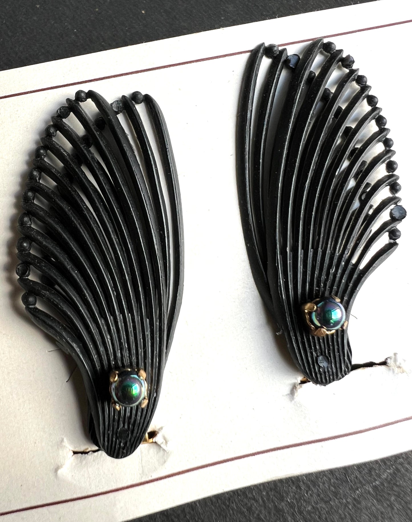 Iridescent Bead  & Double Wing Black Vintage Clip-on Earrings