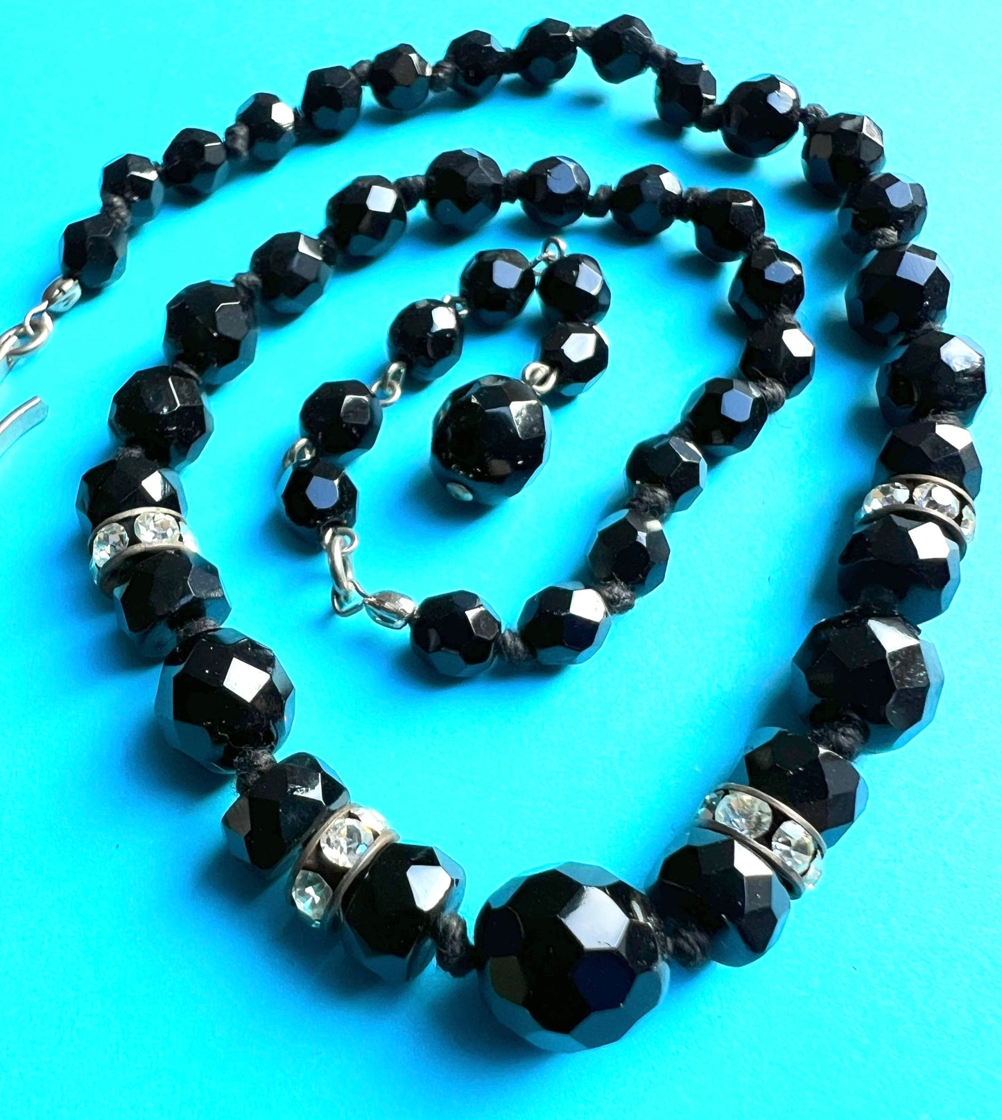 Austrian 1920s Jet Black Faceted Glass Bead and Crystal Necklace - Adjustable - max. 18"/44cm