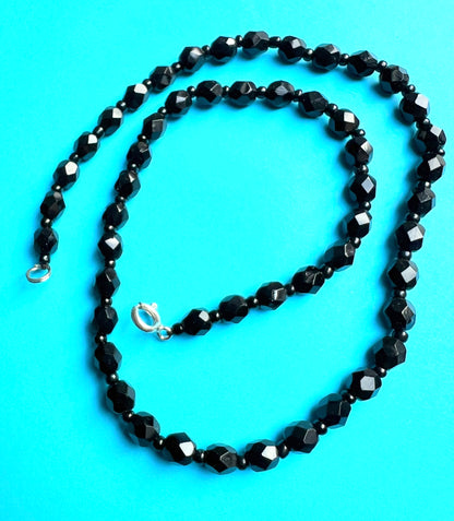 Early C20th Jet Black Glass Faceted Bead Necklace - 16"/40cm