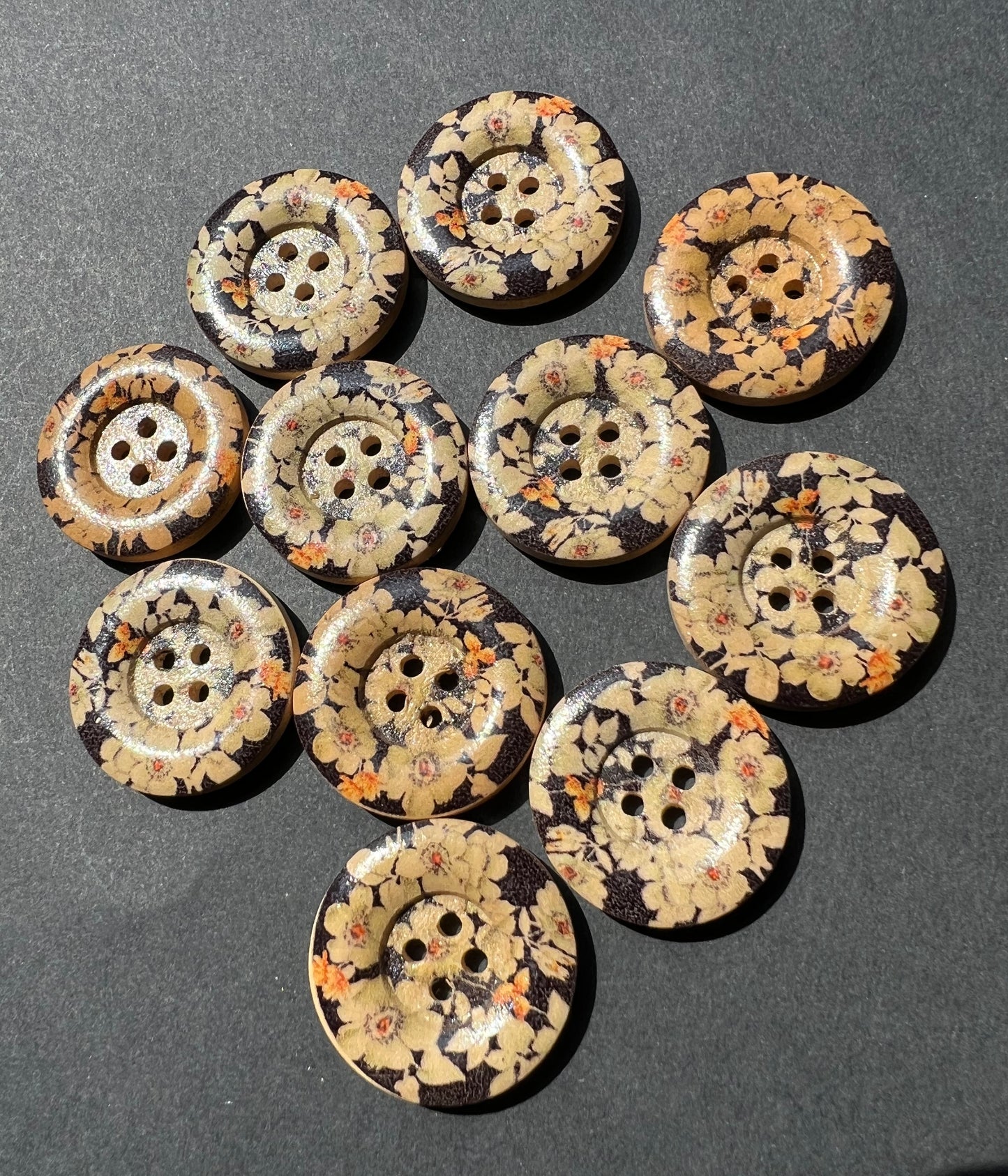 Job Lot of 11 Wooden Black Floral 2.5cm Buttons
