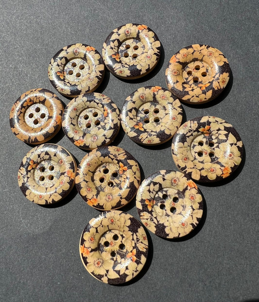 Job Lot of 11 Wooden Black Floral 2.5cm Buttons