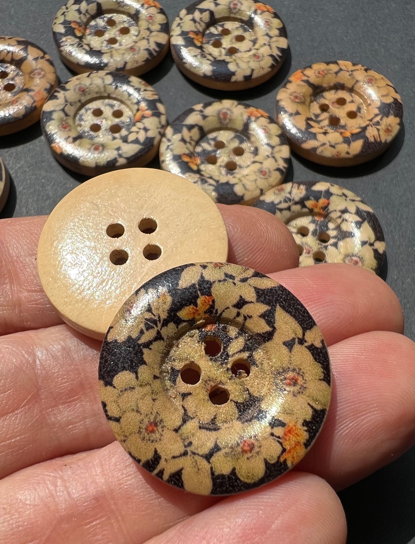 Job Lot of 11 Wooden Black Floral 2.5cm Buttons