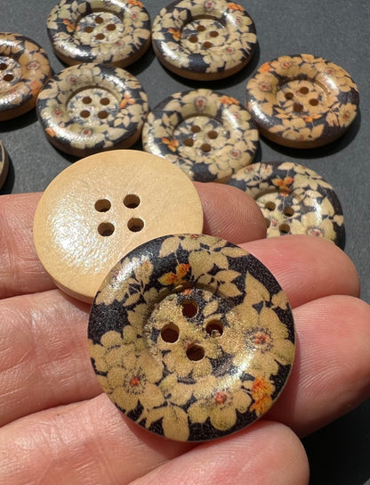 Job Lot of 11 Wooden Black Floral 2.5cm Buttons