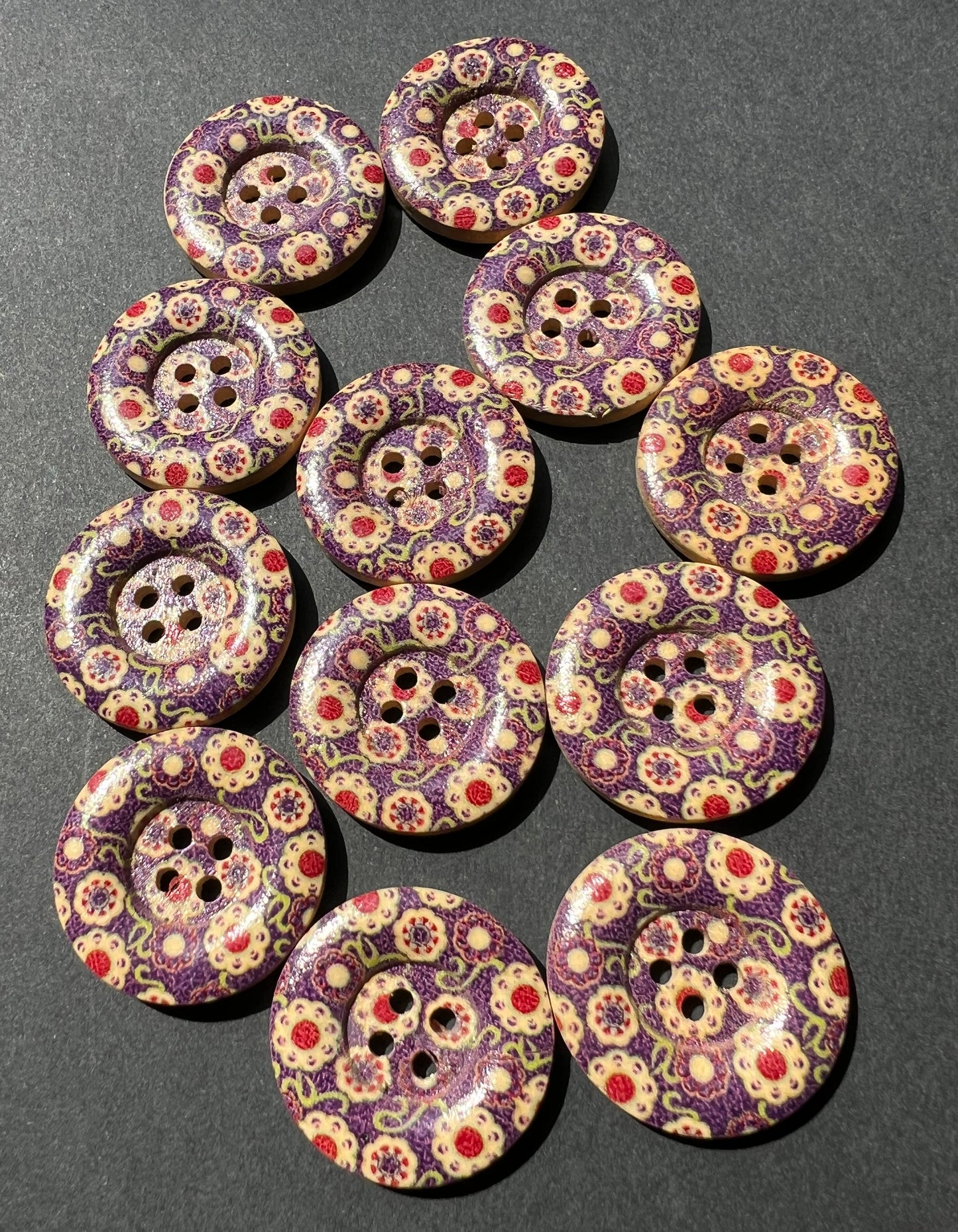 Job Lot of 12 Wooden Purple Floral 2.5cm Buttons