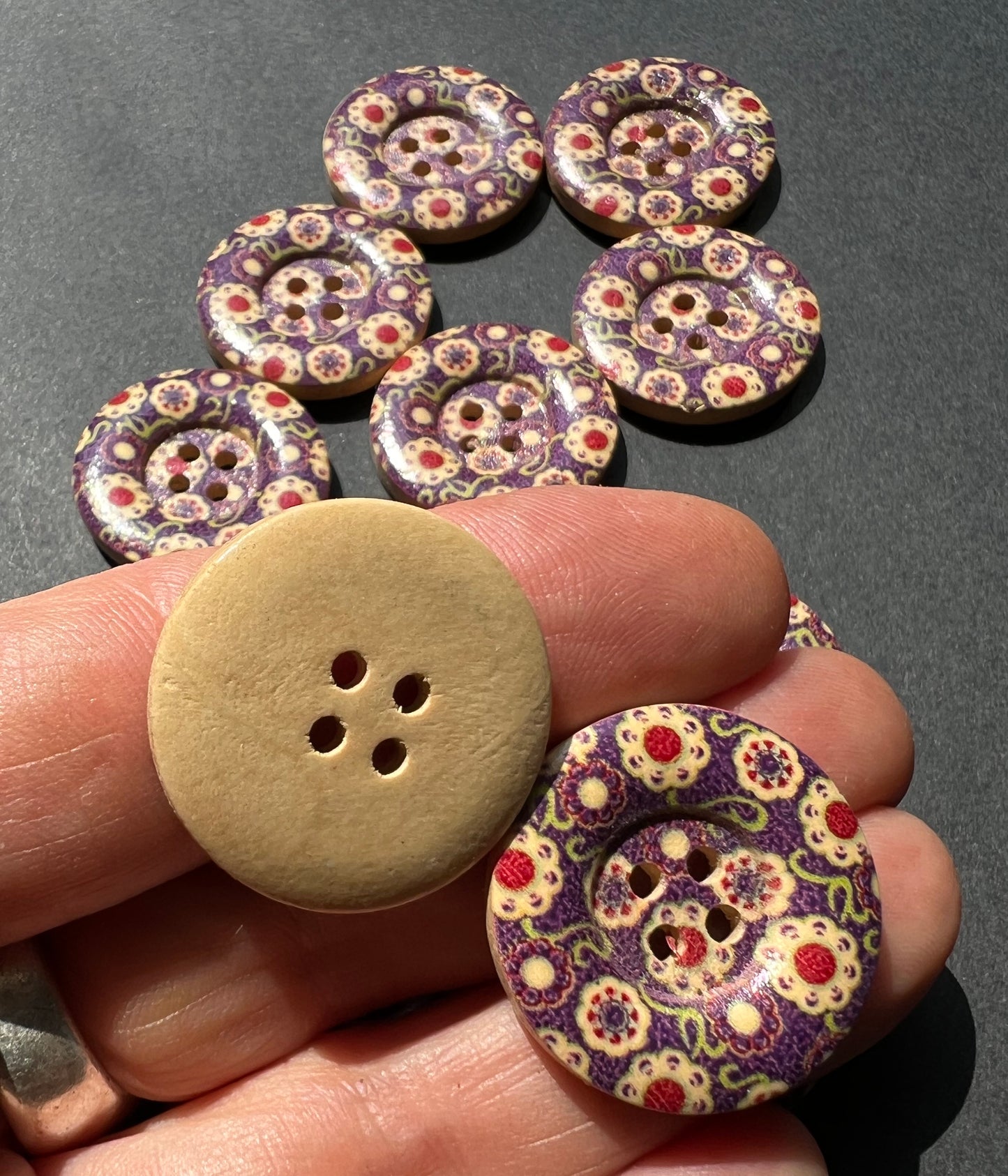 Job Lot of 12 Wooden Purple Floral 2.5cm Buttons