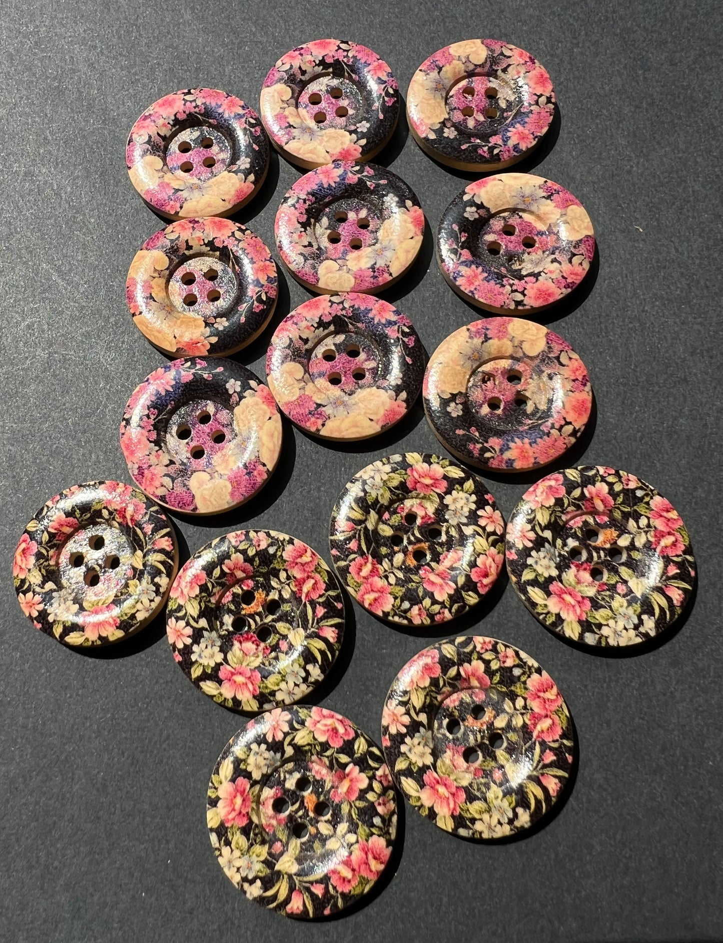Job Lot of 15 Wooden Floral 2.5cm Buttons - 2 designs