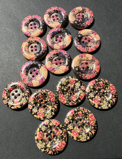 Job Lot of 15 Wooden Floral 2.5cm Buttons - 2 designs
