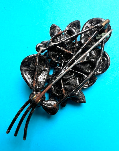 Big 1930s Pressed Black Glass Floral Brooch
