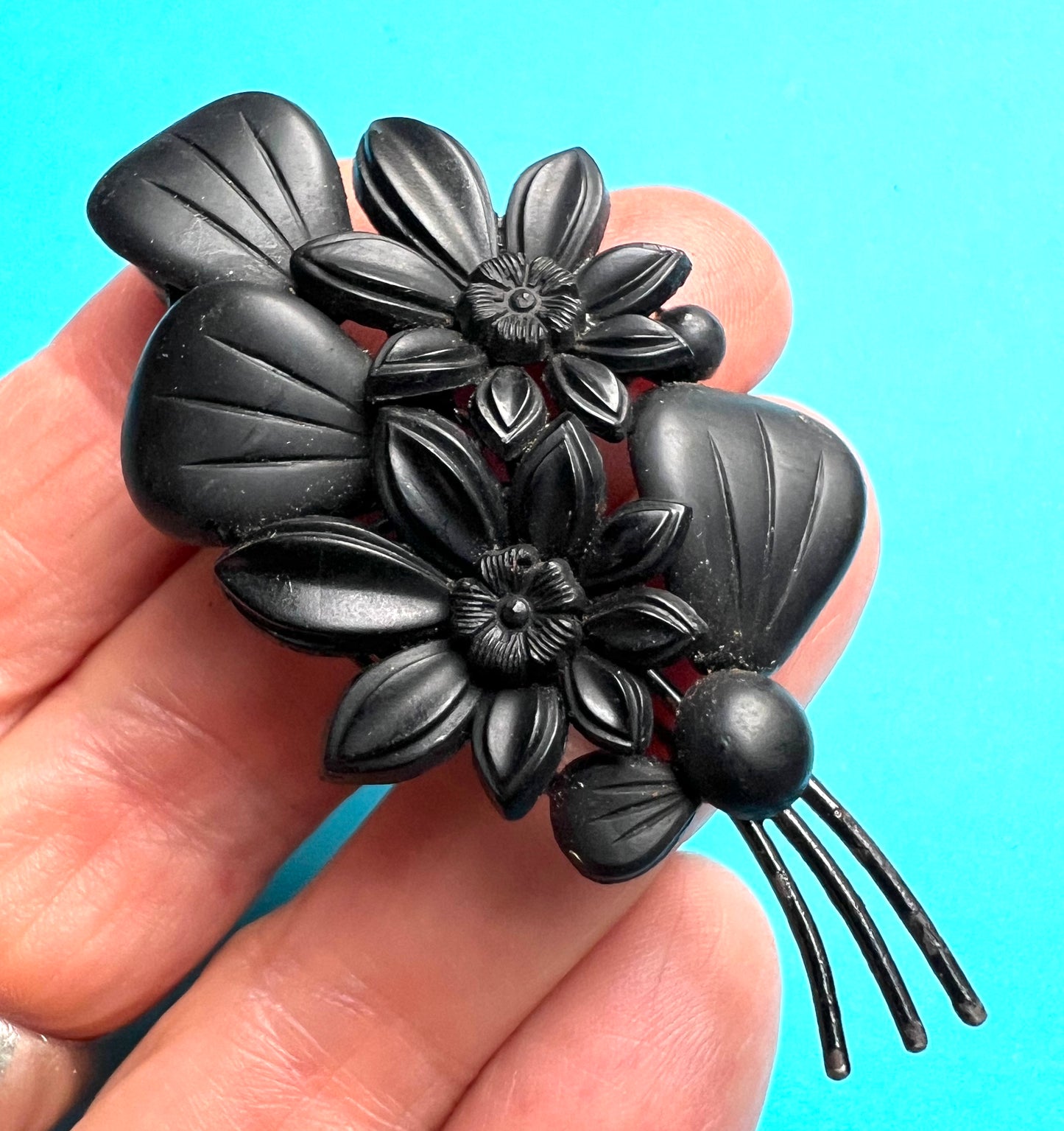 Big 1930s Pressed Black Glass Floral Brooch