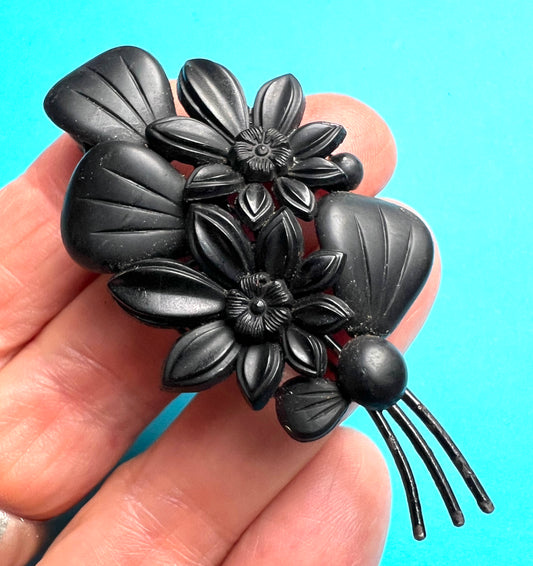 Big 1930s Pressed Black Glass Floral Brooch