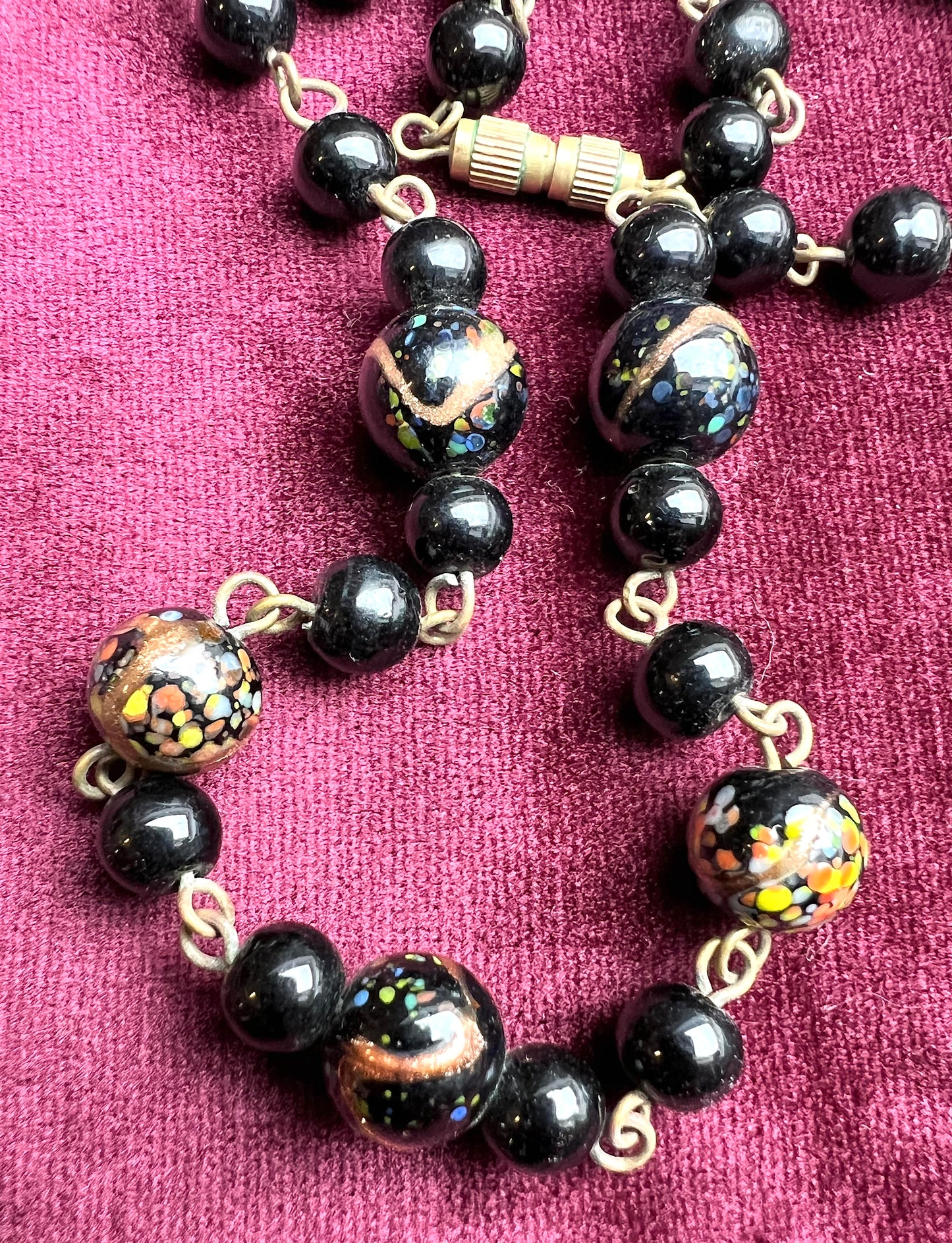 1920s Venetian Black Glass  Bead Necklace - 18"/44cm