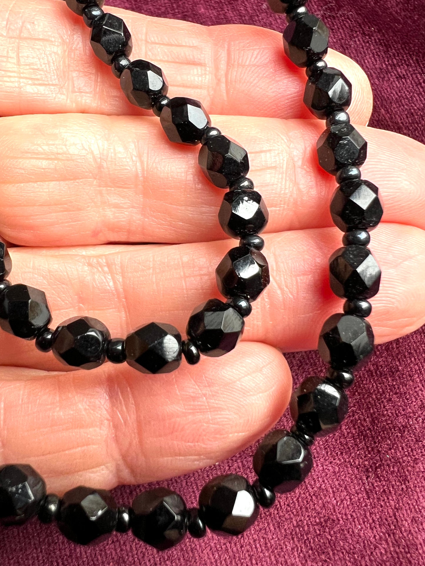 Early C20th Jet Black Glass Faceted Bead Necklace - 16"/40cm