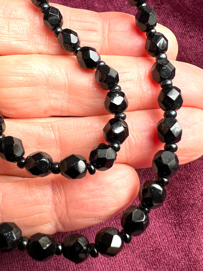 Early C20th Jet Black Glass Faceted Bead Necklace - 16"/40cm