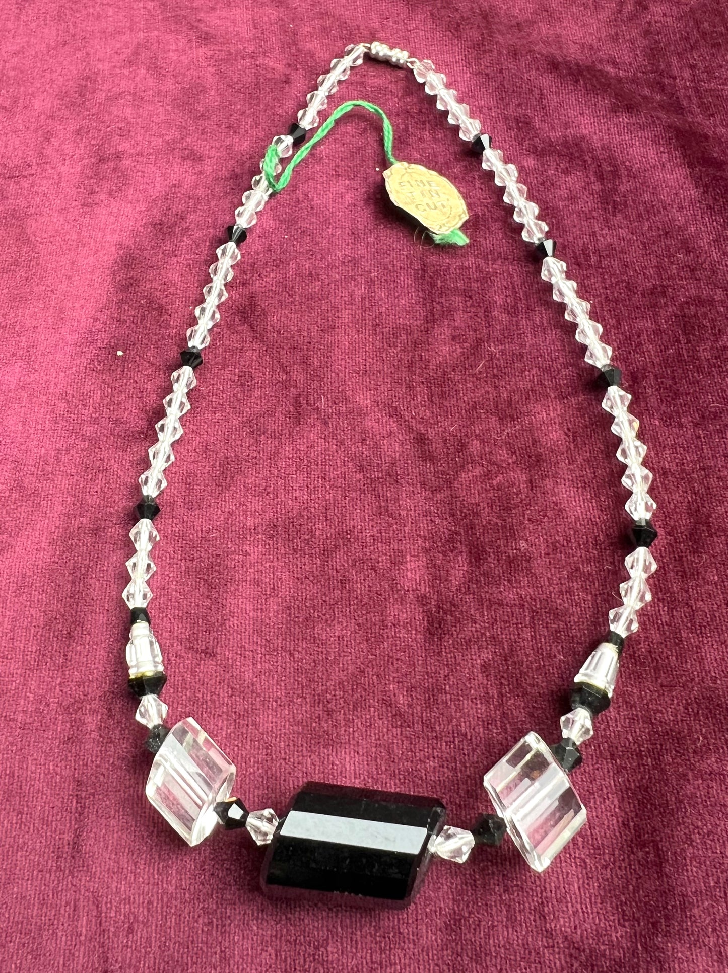 Impressive Czech Faceted Black and Clear Crystal Necklace  16"/40cm