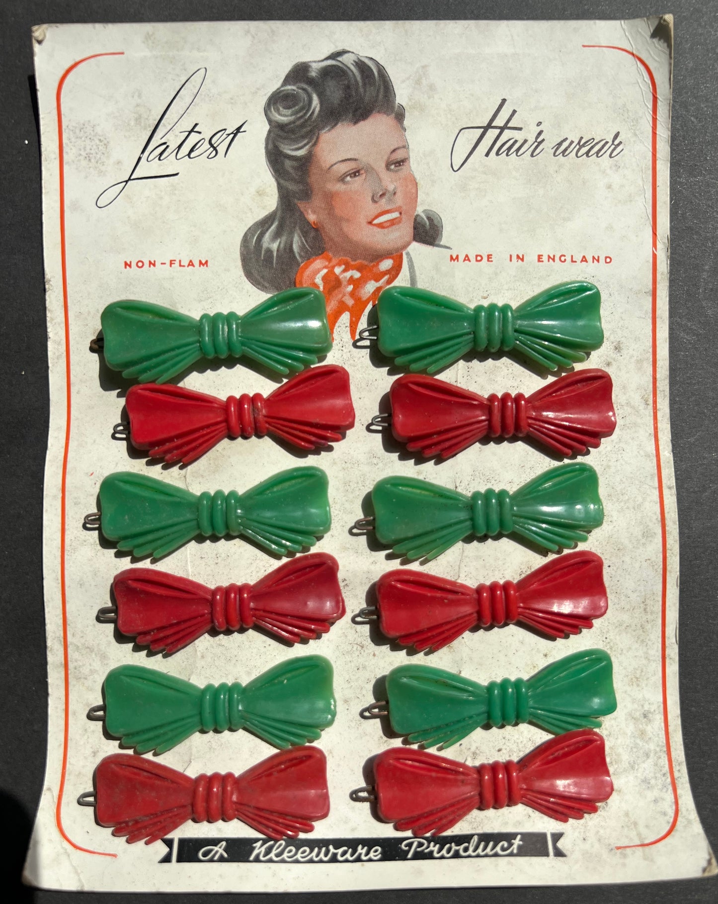 Grubby 1940s Shop Display Card of LATEST HAIR WEAR Bow Hair Grips MADE IN ENGLAND