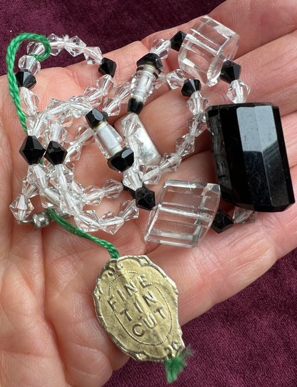 Impressive Czech Faceted Black and Clear Crystal Necklace  16"/40cm