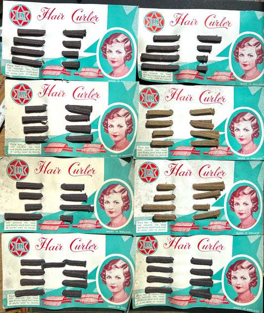 8 Cards of 1930s  Flexible Fabric Covered Hair Curlers - All Slightly Foxed