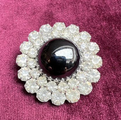 Shiny Sparkly Black Glass and Crystal Vintage Brooch