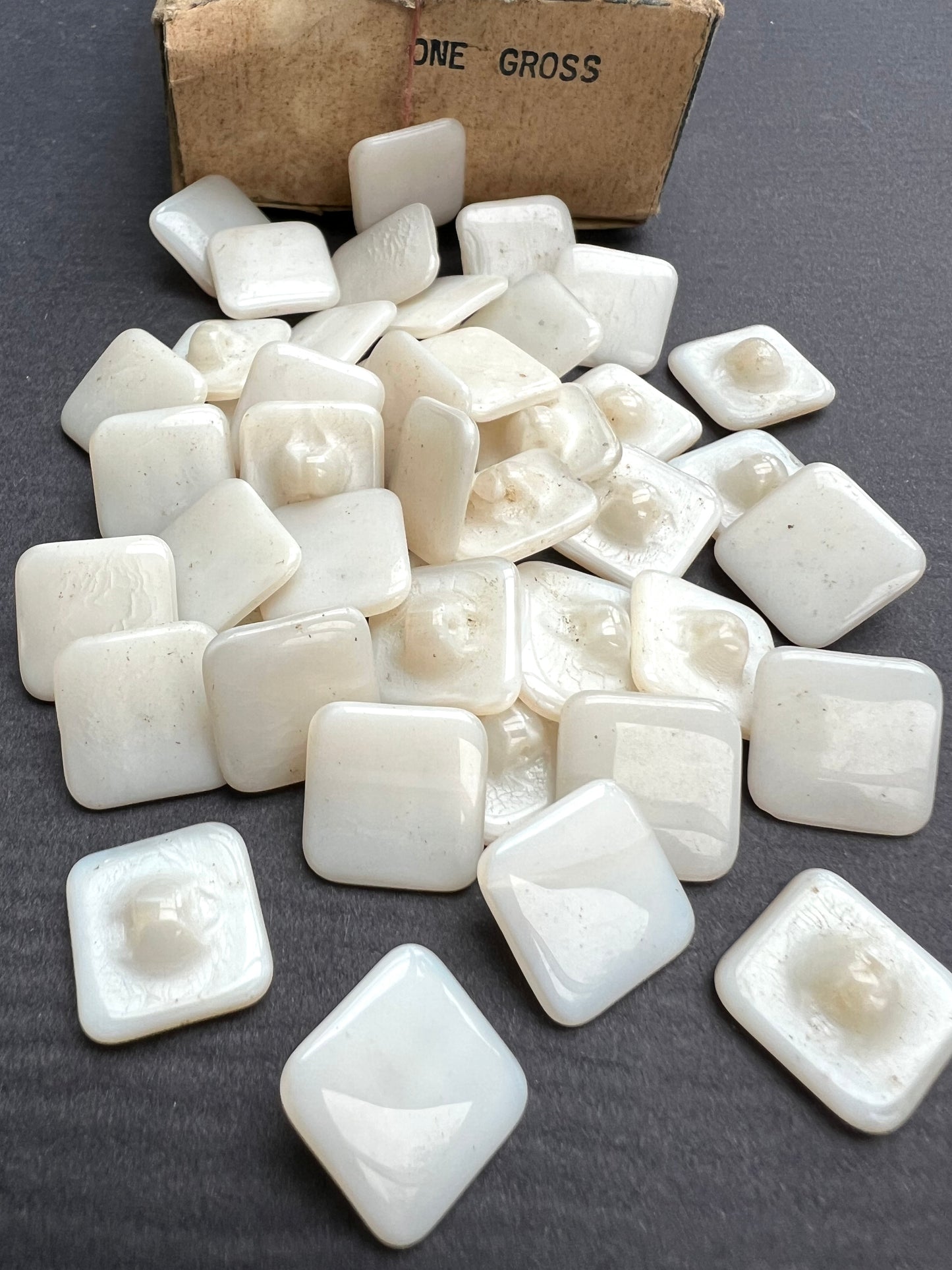 Wholesale 1 Gross (144) of Vintage 1.4cm Square White Glass Buttons.