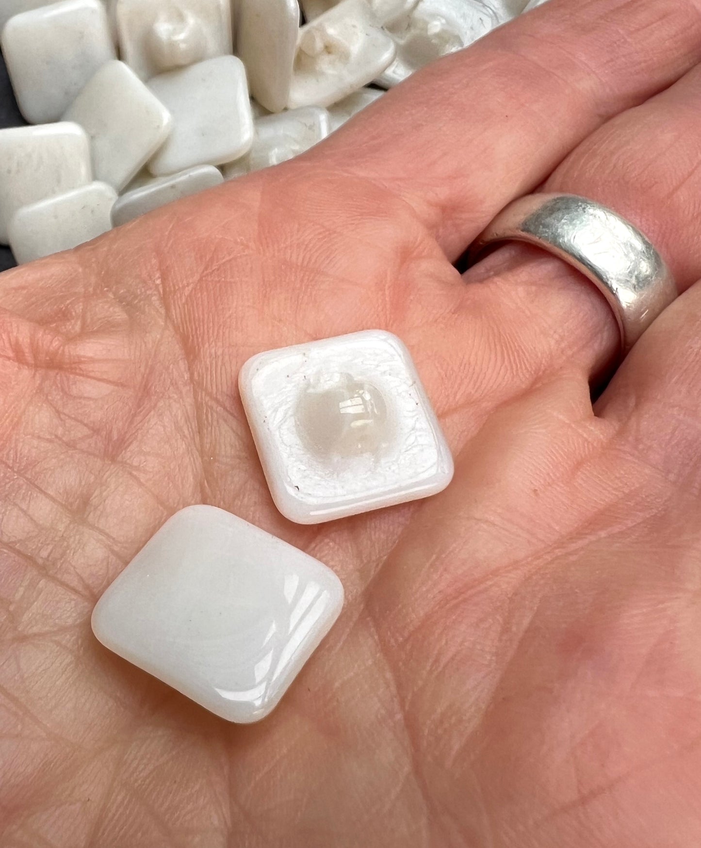 Wholesale 1 Gross (144) of Vintage 1.4cm Square White Glass Buttons.