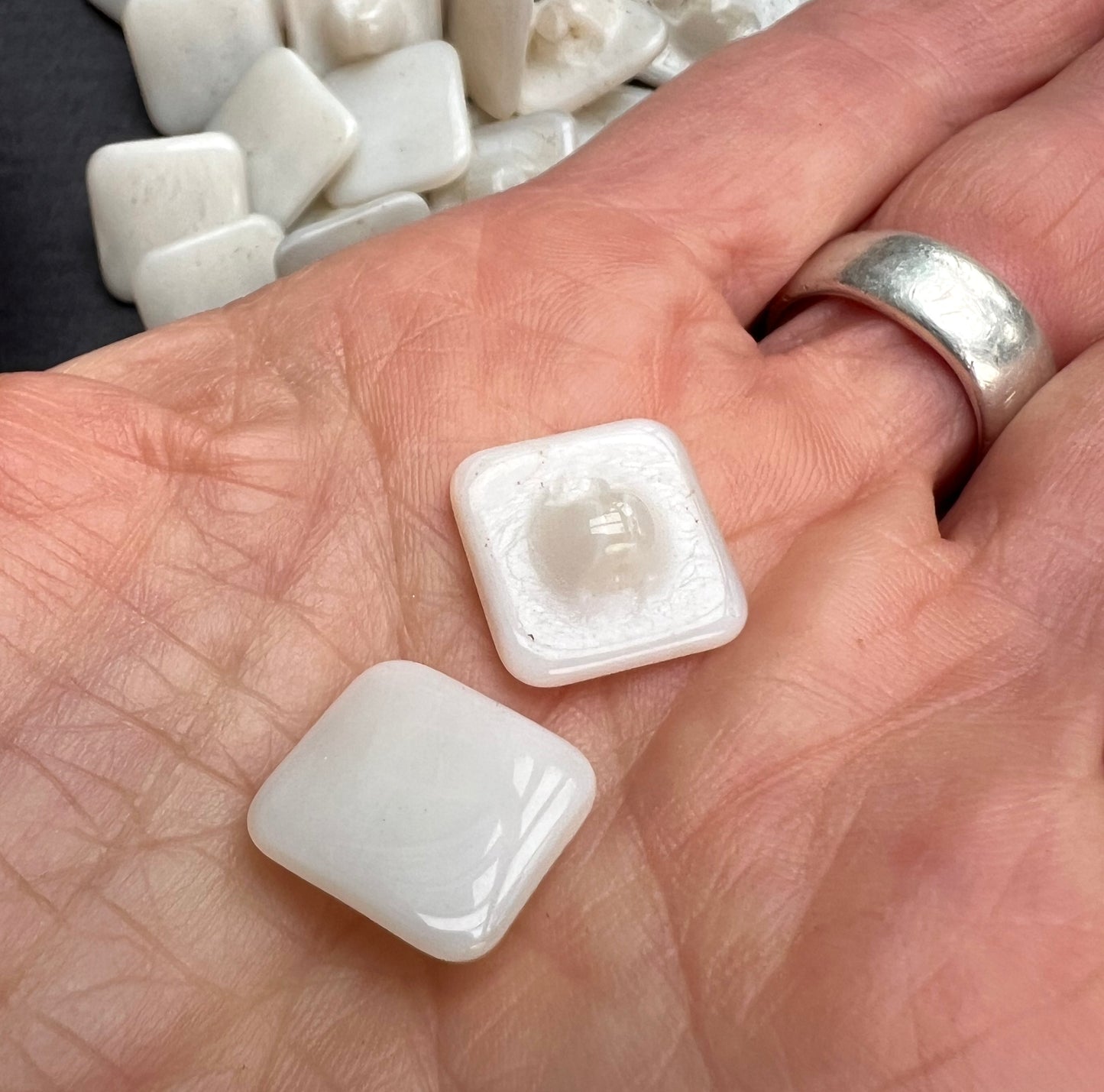 6 x 1.4cm Square  White Vintage Glass Buttons