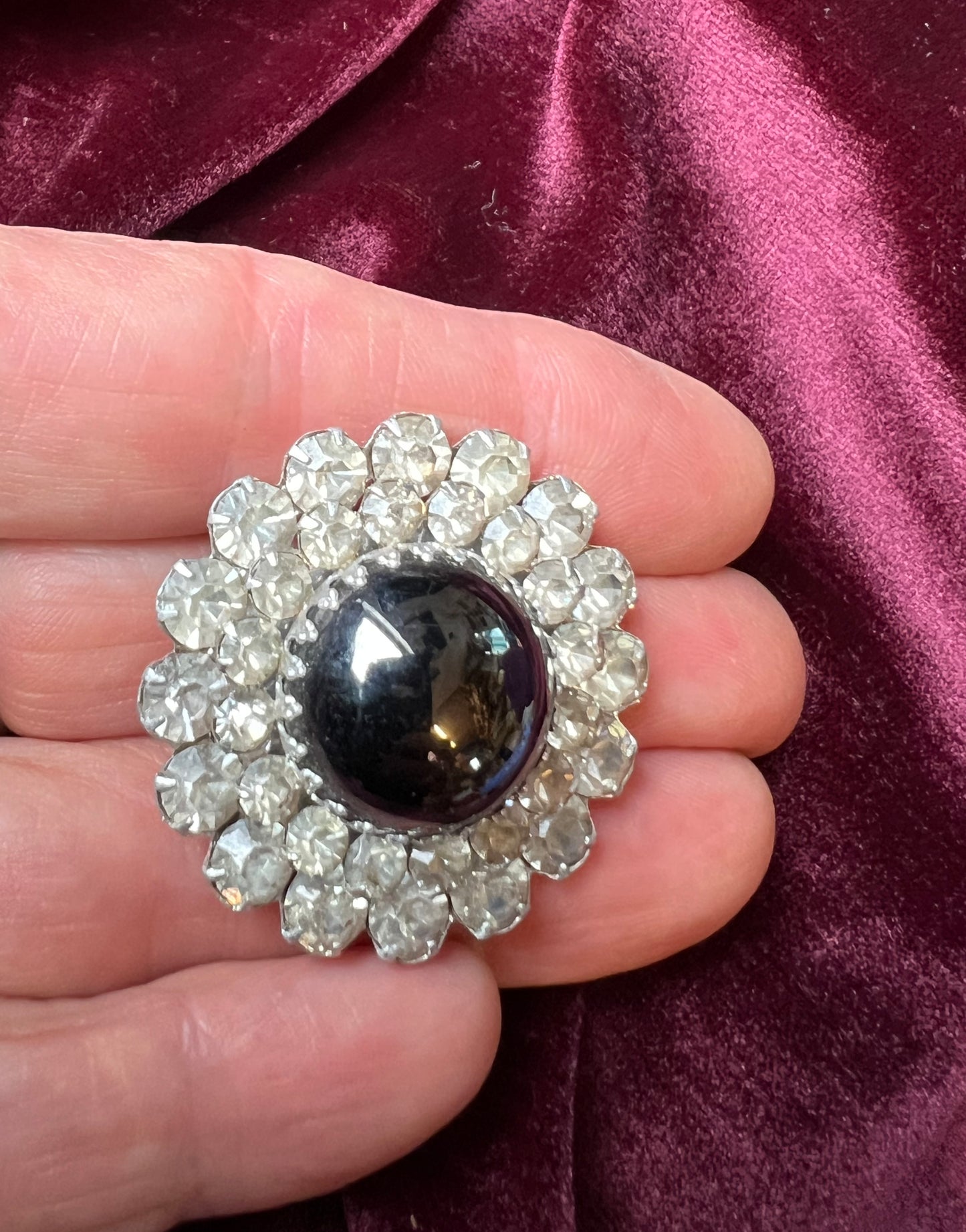 Shiny Sparkly Black Glass and Crystal Vintage Brooch