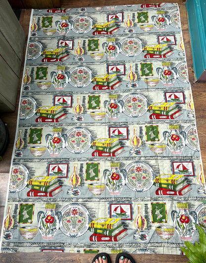 Unused Hand Printed Vintage Mid Century Swiss Folk Art Pottery Fabric  47" x 71"